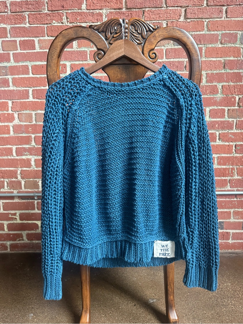 We The Free Teal Open-Knit Crewneck Sweater